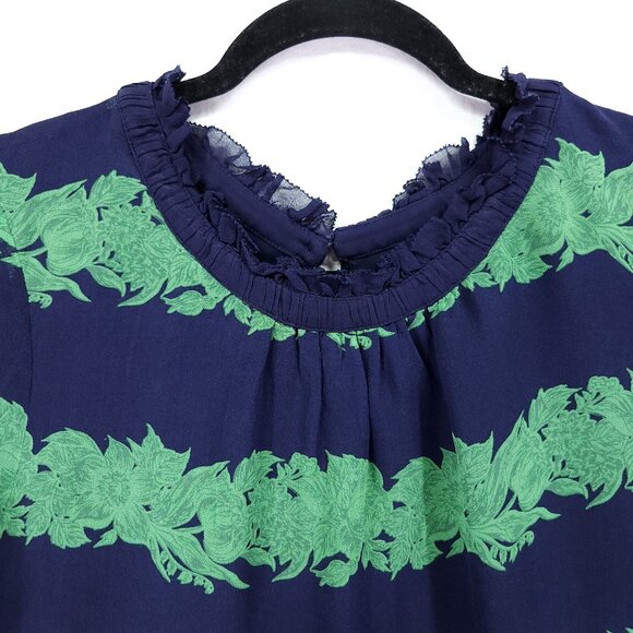 J.Crew Silk Ruffle Blouse Womens Size 12 Top Beanstalk Stripe Navy Green Retro - Picture 4 of 13